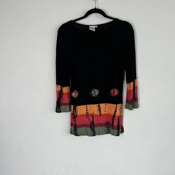 Parsley & Sage Women’s Boho Dip Tie Dye Accent Black Stretch Tunic Blouse Small - Picture 1 of 10